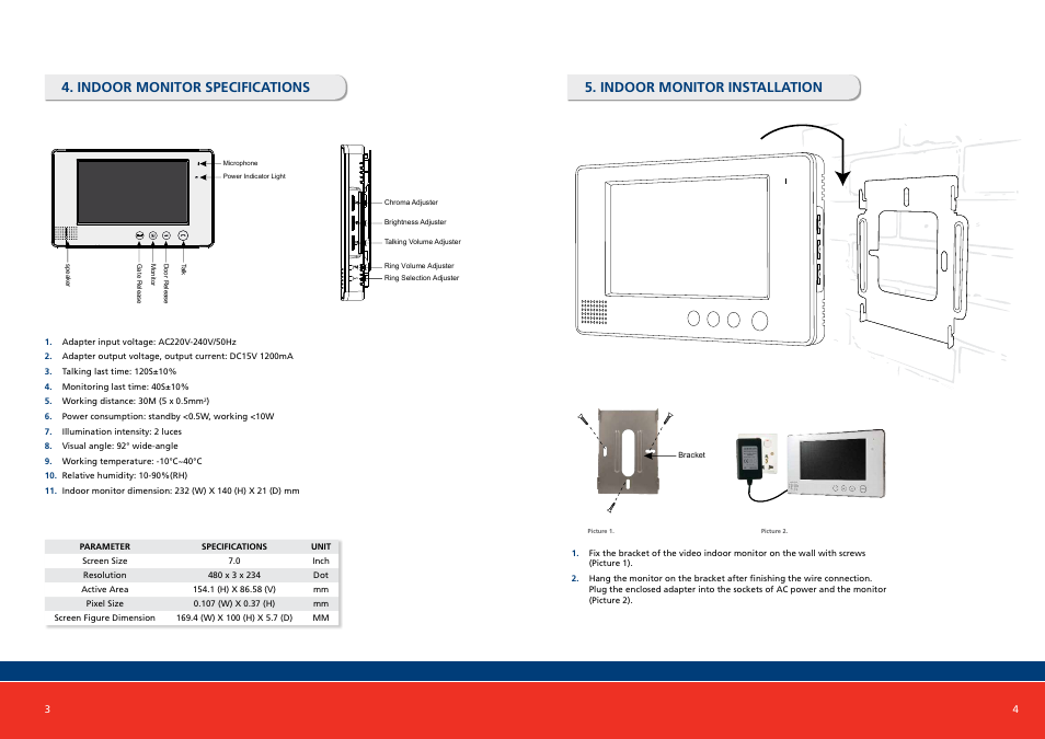 Indoor monitor installation, Indoor monitor specifications | PSA PAN780KID User Manual | Page 3 / 7