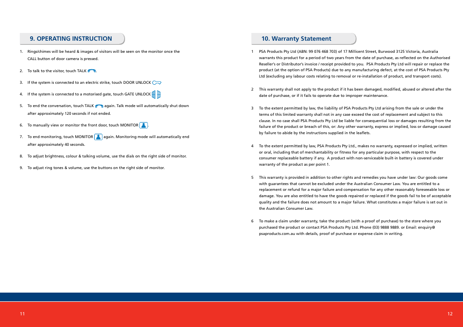 Warranty statement 9. operating instruction | PSA PAN780KID User Manual | Page 7 / 7