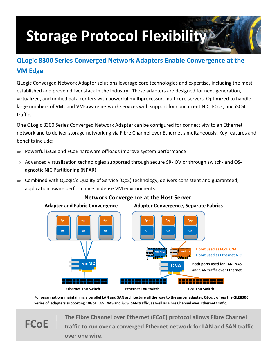 Storage protocol flexibility, Fcoe | QLogic 2600 Series vSphere 5 Virtual Server Engine User Manual | Page 12 / 18