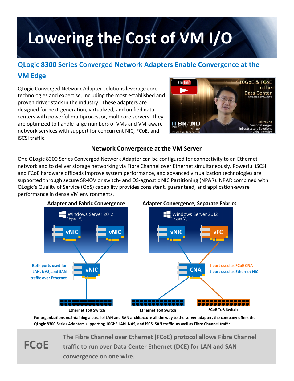 Lowering the cost of vm i/o, Fcoe | QLogic 2600 Series Hyper-V Virtual Server Engine User Manual | Page 13 / 18