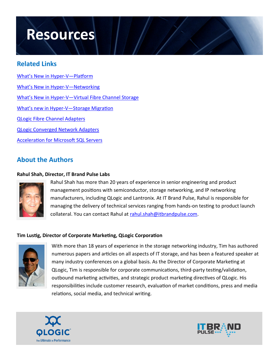 Resources, Related links, About the authors | QLogic 2600 Series Hyper-V Virtual Server Engine User Manual | Page 18 / 18