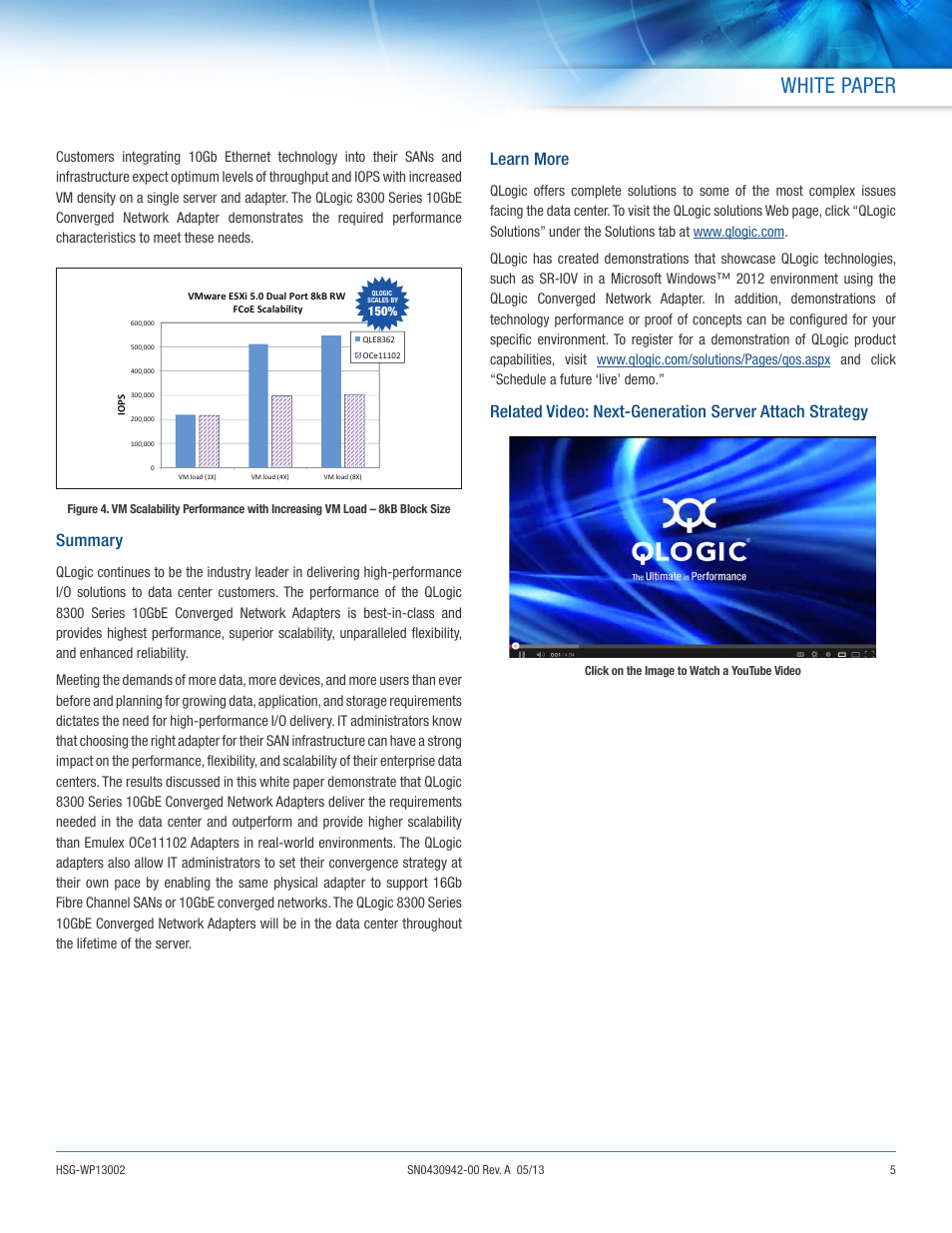 White paper, Summary, Learn more | QLogic 8300 Series Advanced Virtualization Using QLogic 8300 Series Adapters User Manual | Page 5 / 6