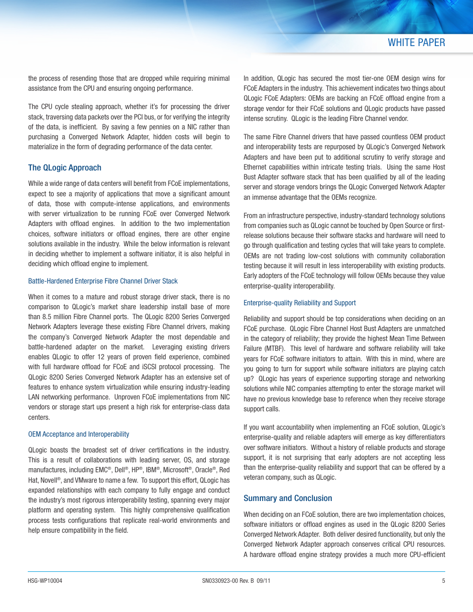 White paper, The qlogic approach, Summary and conclusion | QLogic 8200 Series The Value of Full Hardware Offload in a Converged Ethernet Environment User Manual | Page 5 / 7