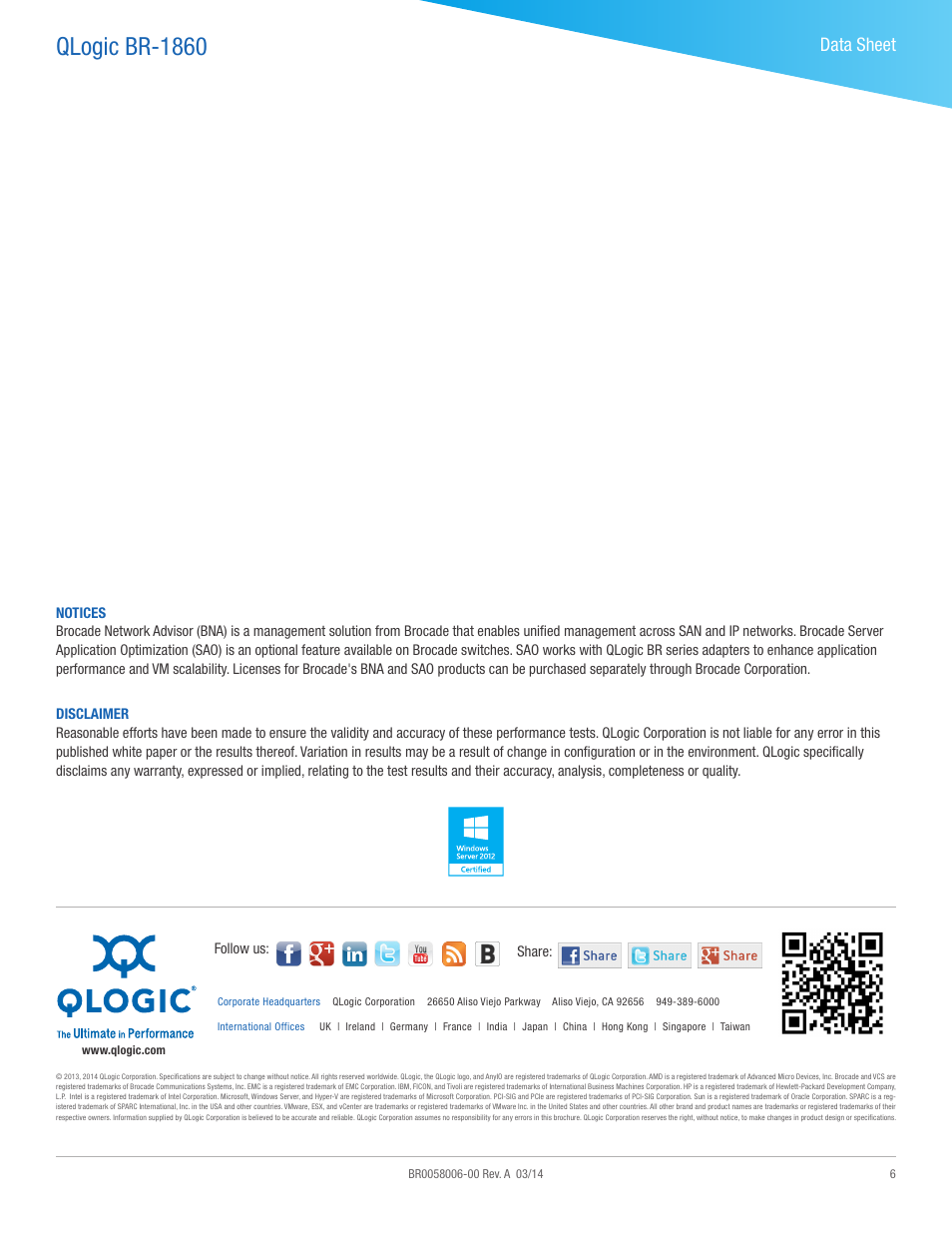 Qlogic br-1860, Data sheet | QLogic BR-1860 Fabric User Manual | Page 6 / 6