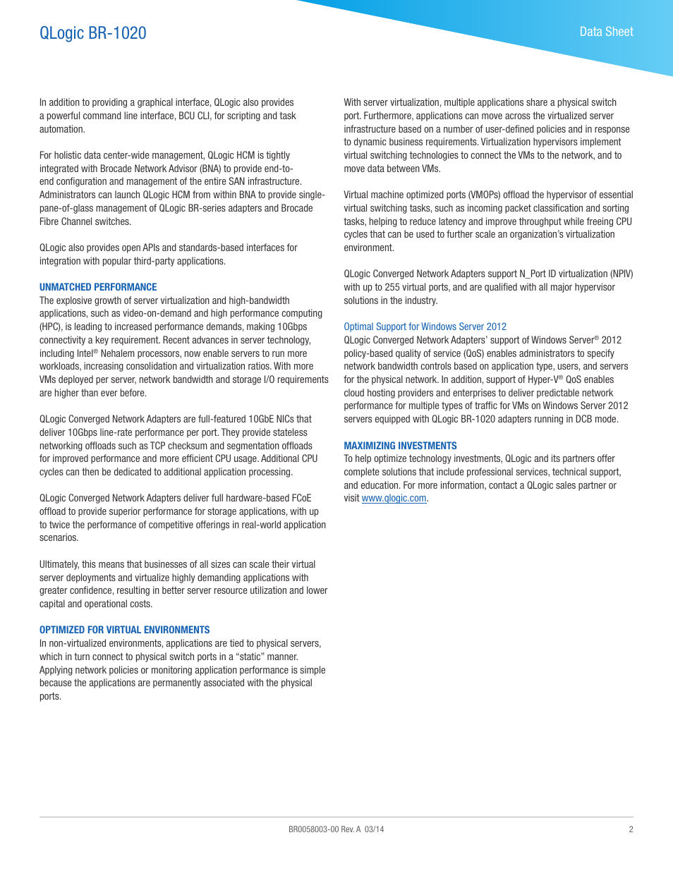 Qlogic br-1020, Data sheet | QLogic BR-1020 User Manual | Page 2 / 4