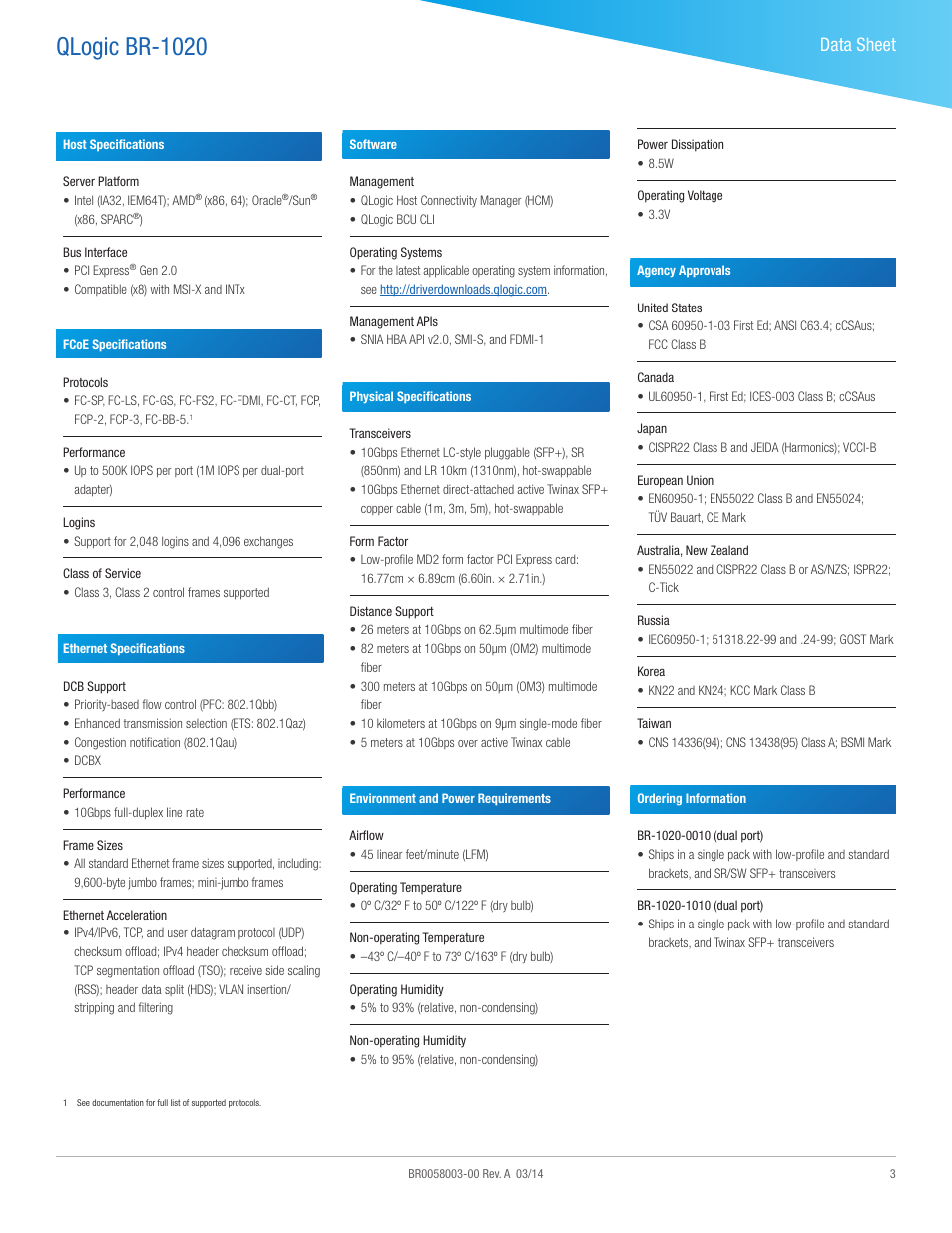 Qlogic br-1020, Data sheet | QLogic BR-1020 User Manual | Page 3 / 4