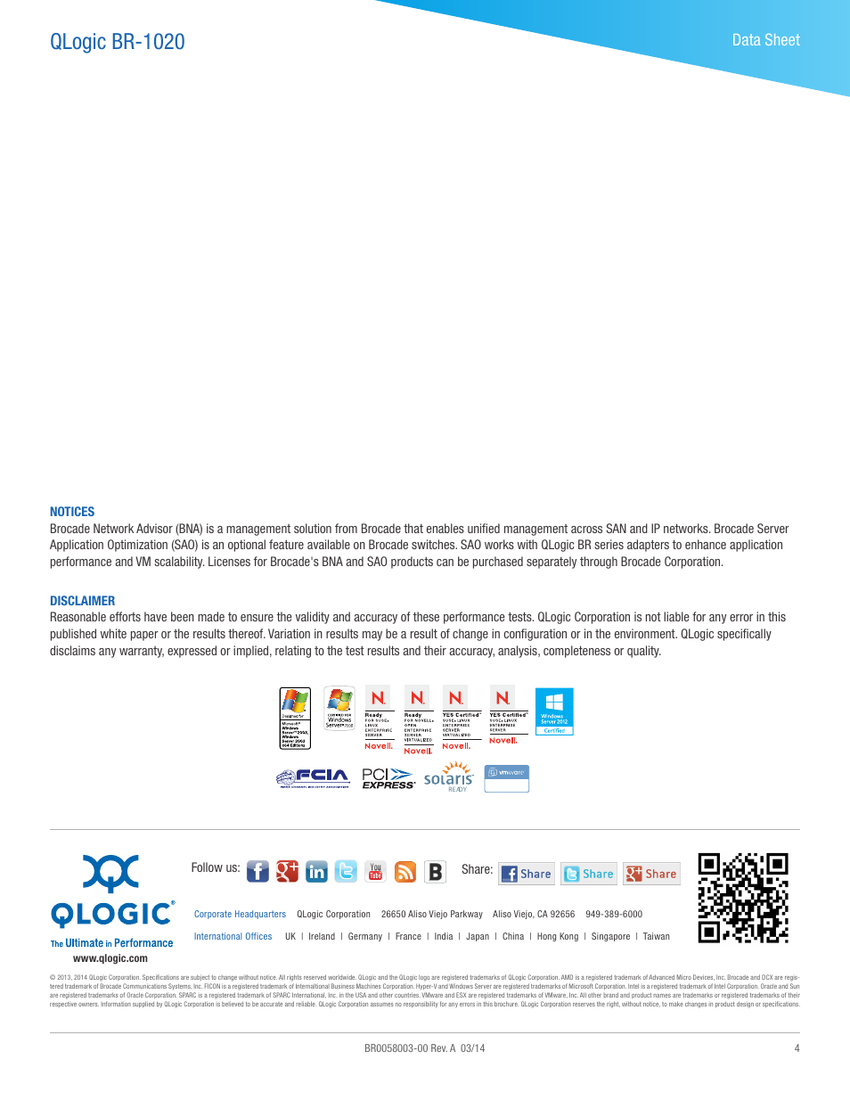 Qlogic br-1020, Data sheet | QLogic BR-1020 User Manual | Page 4 / 4