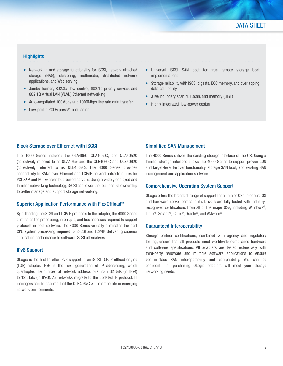 Data sheet | QLogic 4000 Series User Manual | Page 2 / 4