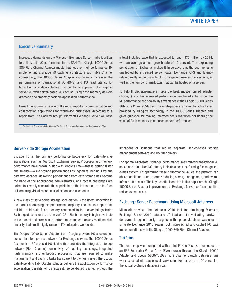 White paper, Server-side storage acceleration, Executive summary | QLogic 10000 Series Accelerating Microsoft Exchange Servers with I_O Caching User Manual | Page 2 / 5