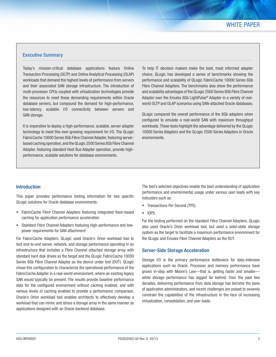 White paper | QLogic 2500 Series 8Gb Fibre Channel Adapter of 8Gb Fibre Channel Adapter of Choice in Oracle Environments User Manual | Page 2 / 7