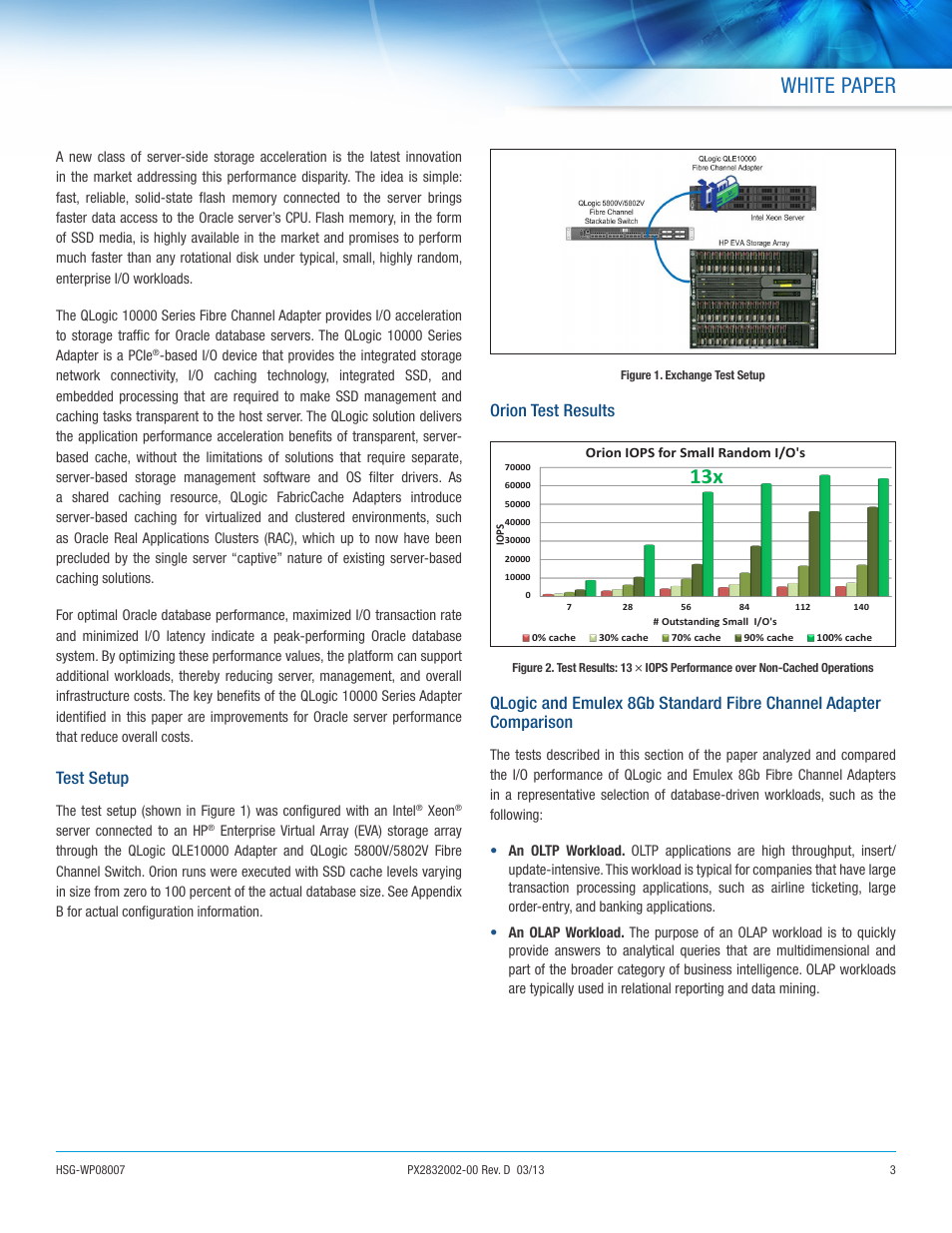 White paper, Test setup, Orion test results | QLogic 2500 Series 8Gb Fibre Channel Adapter of 8Gb Fibre Channel Adapter of Choice in Oracle Environments User Manual | Page 3 / 7