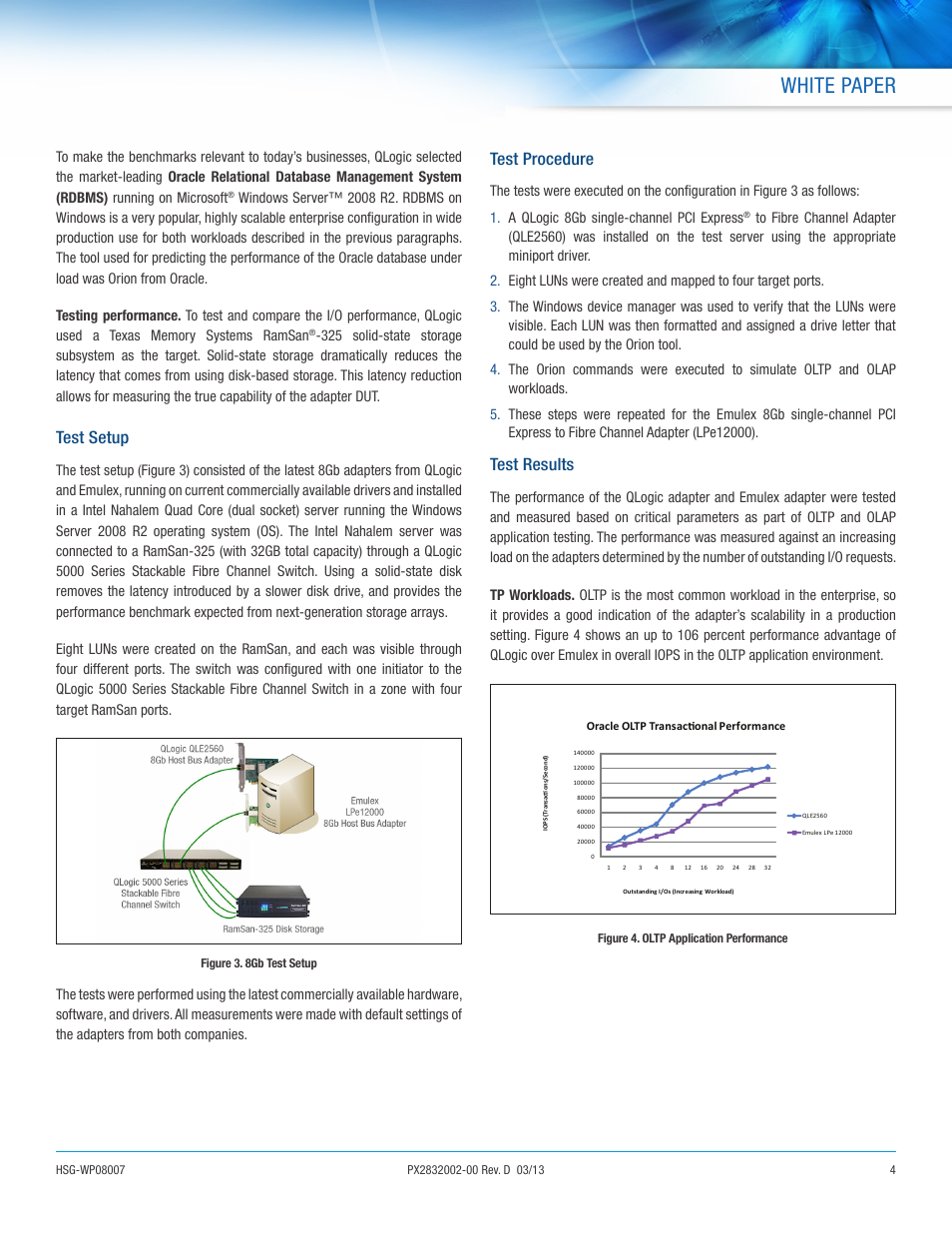 White paper, Test setup, Test procedure | Test results | QLogic 2500 Series 8Gb Fibre Channel Adapter of 8Gb Fibre Channel Adapter of Choice in Oracle Environments User Manual | Page 4 / 7