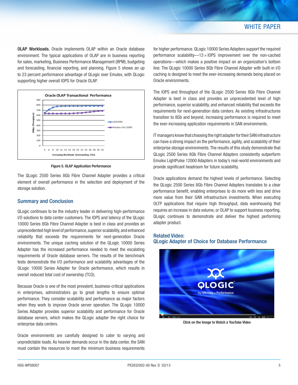 White paper, Summary and conclusion | QLogic 2500 Series 8Gb Fibre Channel Adapter of 8Gb Fibre Channel Adapter of Choice in Oracle Environments User Manual | Page 5 / 7
