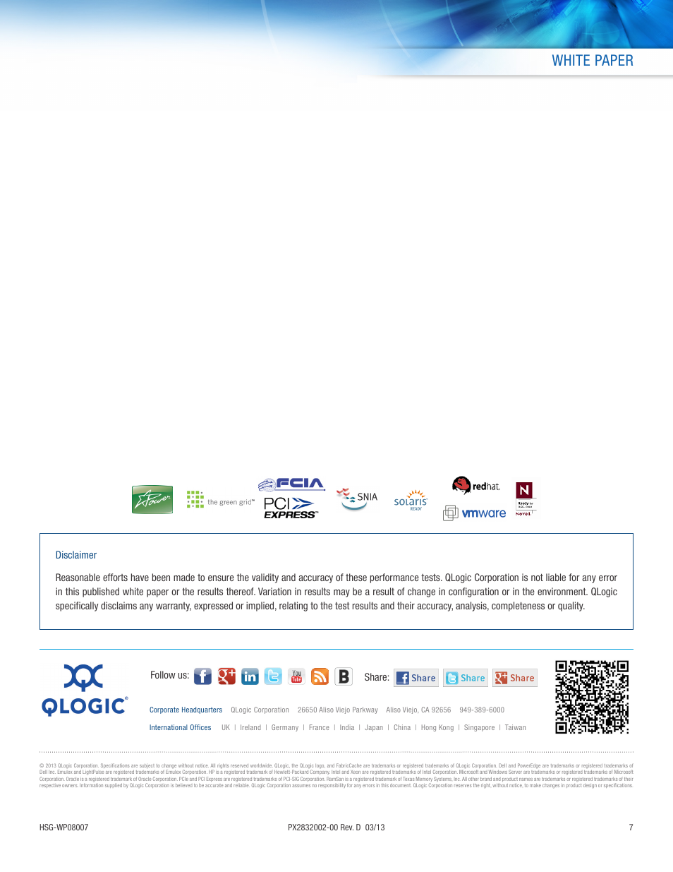 White paper | QLogic 2500 Series 8Gb Fibre Channel Adapter of 8Gb Fibre Channel Adapter of Choice in Oracle Environments User Manual | Page 7 / 7