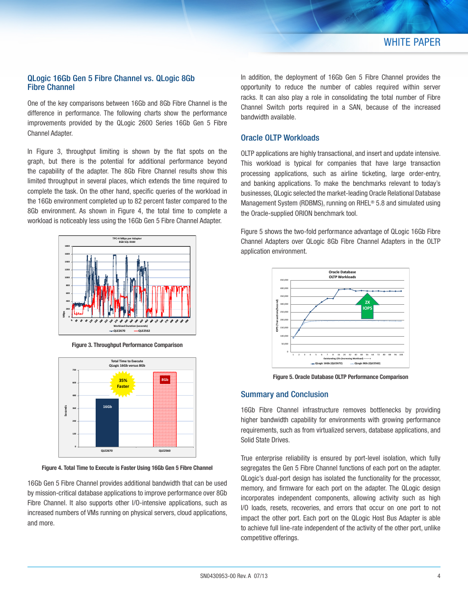 White paper, Oracle oltp workloads, Summary and conclusion | Figure 3. throughput performance comparison | QLogic 2600 Series 16Gb Gen 5 Fibre Channel for Database and Business Analytics User Manual | Page 4 / 5