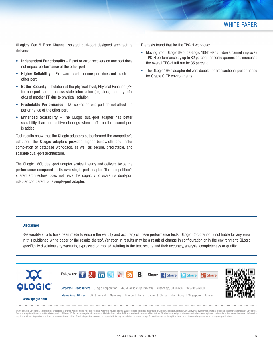 White paper | QLogic 2600 Series 16Gb Gen 5 Fibre Channel for Database and Business Analytics User Manual | Page 5 / 5