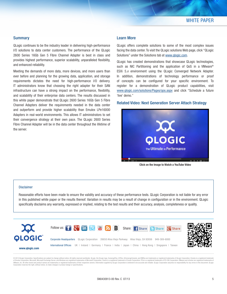 White paper, Summary, Learn more | QLogic 2600 Series 16Gb Gen 5 FC HBAs Double Performance and Flexibility User Manual | Page 5 / 5