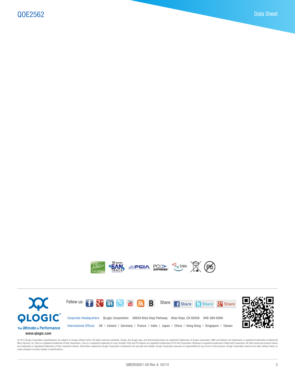 Qoe2562, Data sheet | QLogic 2500 Series QOE2562 User Manual | Page 3 / 3