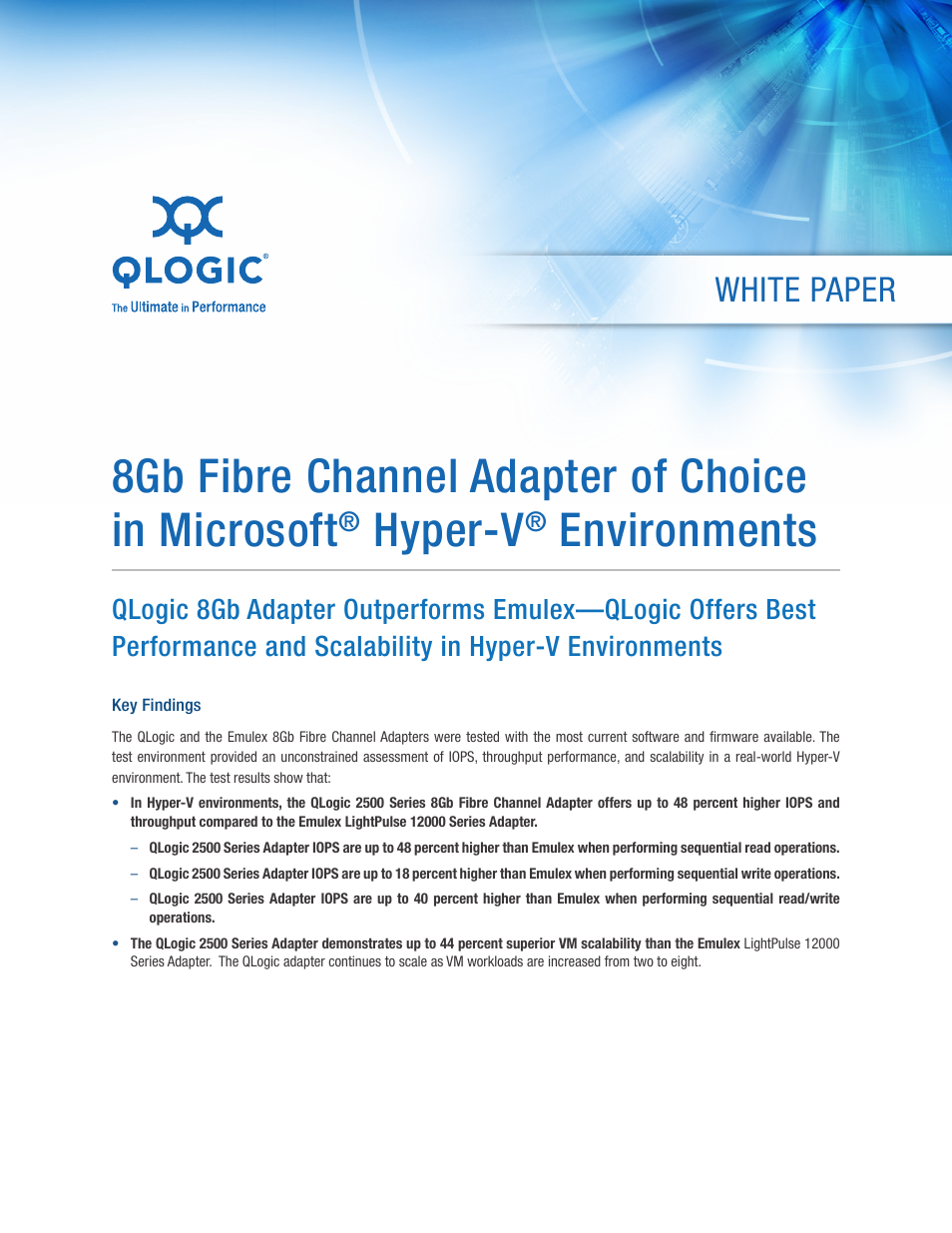 QLogic 2500 Series 8Gb Fibre Channel Adapter of Choice in Microsoft Hyper-V Environments User Manual | 7 pages