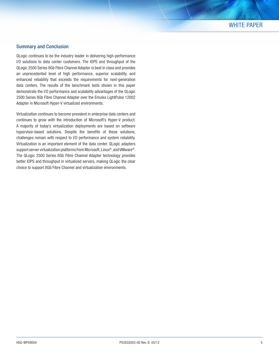 White paper, Summary and conclusion | QLogic 2500 Series 8Gb Fibre Channel Adapter of Choice in Microsoft Hyper-V Environments User Manual | Page 5 / 7