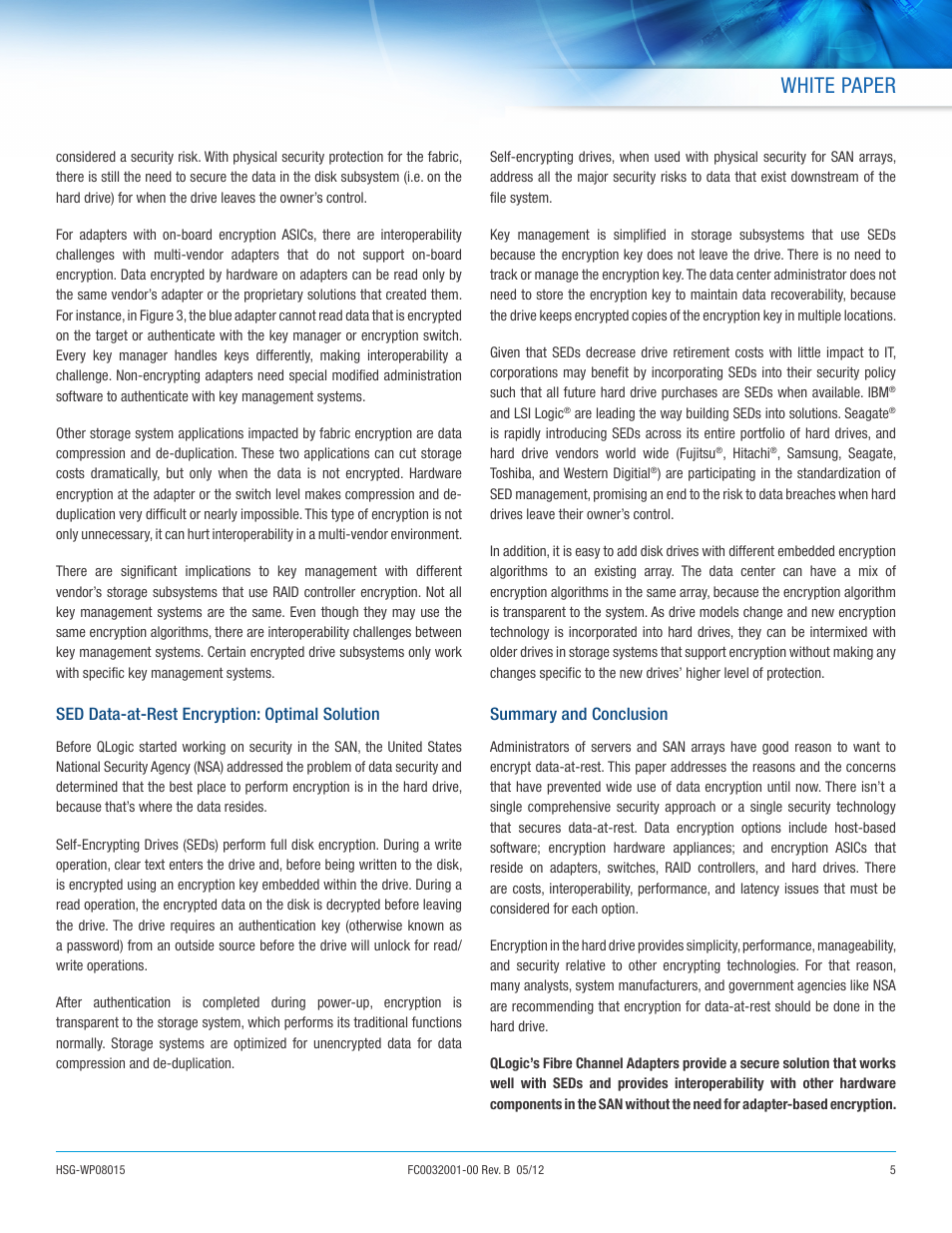 White paper, Sed data-at-rest encryption: optimal solution, Summary and conclusion | QLogic 2500 Series Data-at-Rest Encryption Addresses SAN Security Requirements User Manual | Page 5 / 6