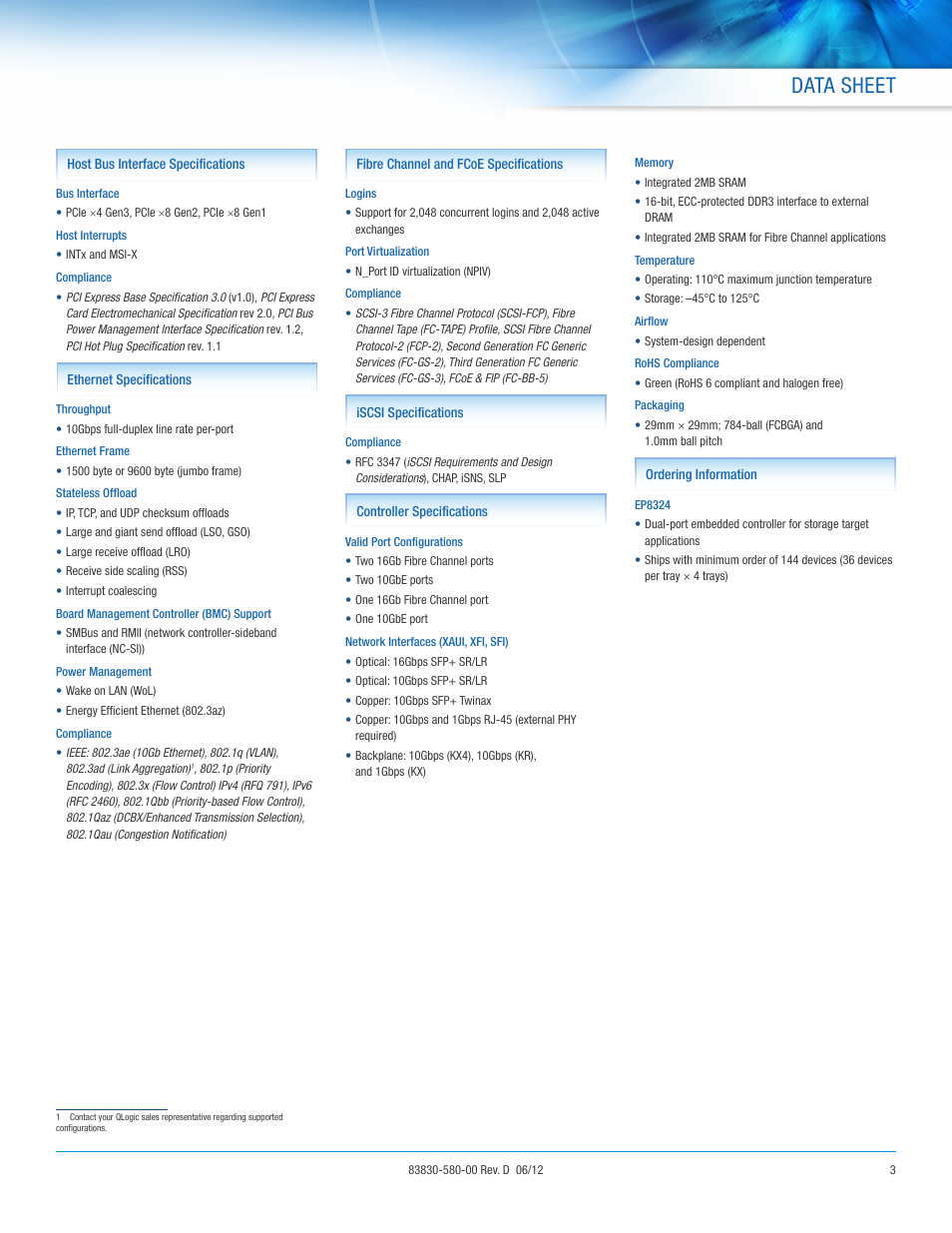 Data sheet | QLogic 8300 Series Controller User Manual | Page 3 / 4