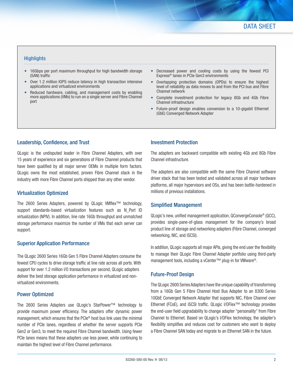 Data sheet, Leadership, confidence, and trust, Virtualization optimized | Superior application performance, Power optimized, Investment protection, Simplified management, Future-proof design | QLogic 2600 Series DataSheet User Manual | Page 2 / 3