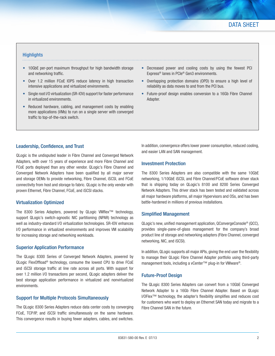 Data sheet | QLogic 8300 Series DataSheet User Manual | Page 2 / 4