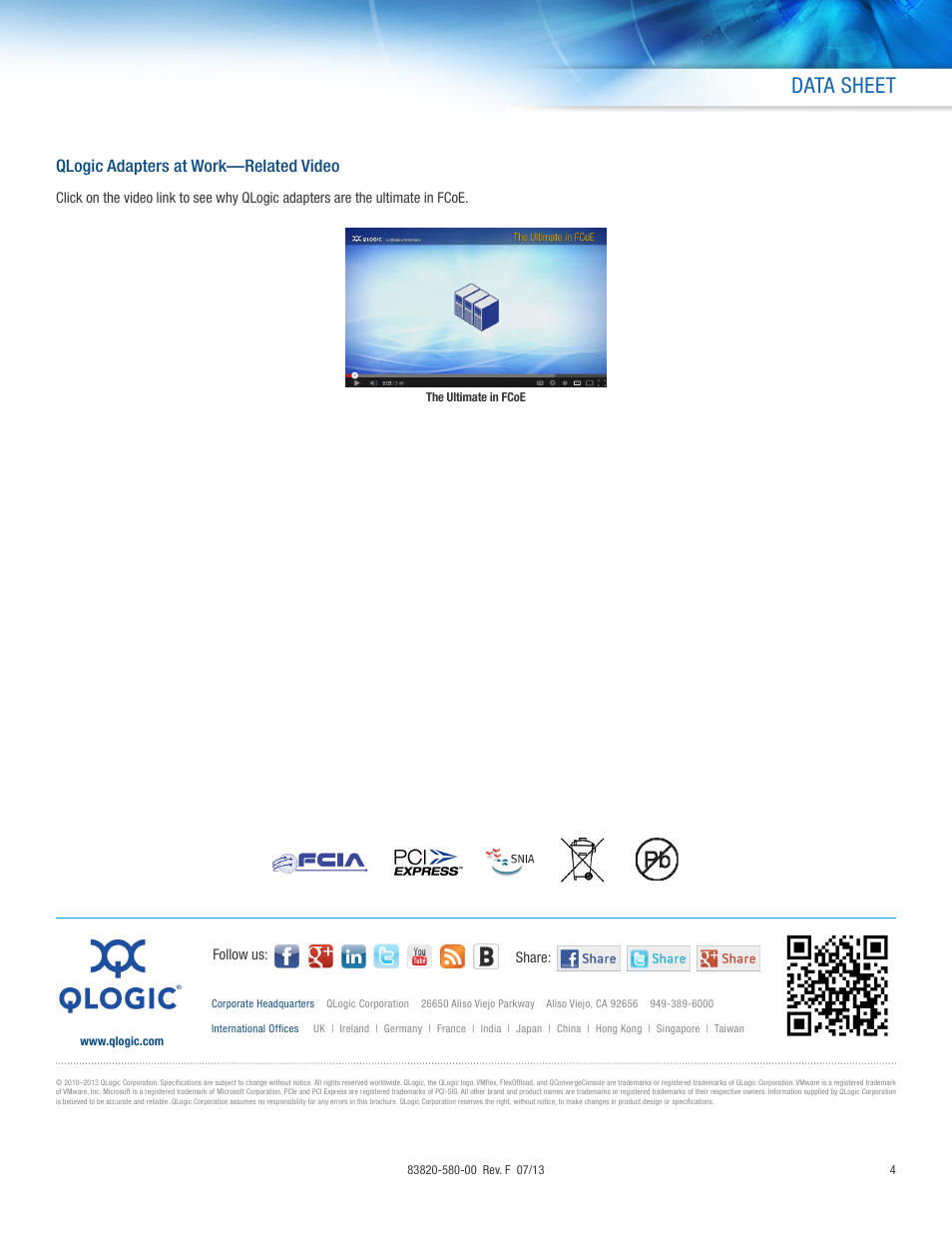 Data sheet, Qlogic adapters at work—related video | QLogic 8200 Series DataSheet User Manual | Page 4 / 4