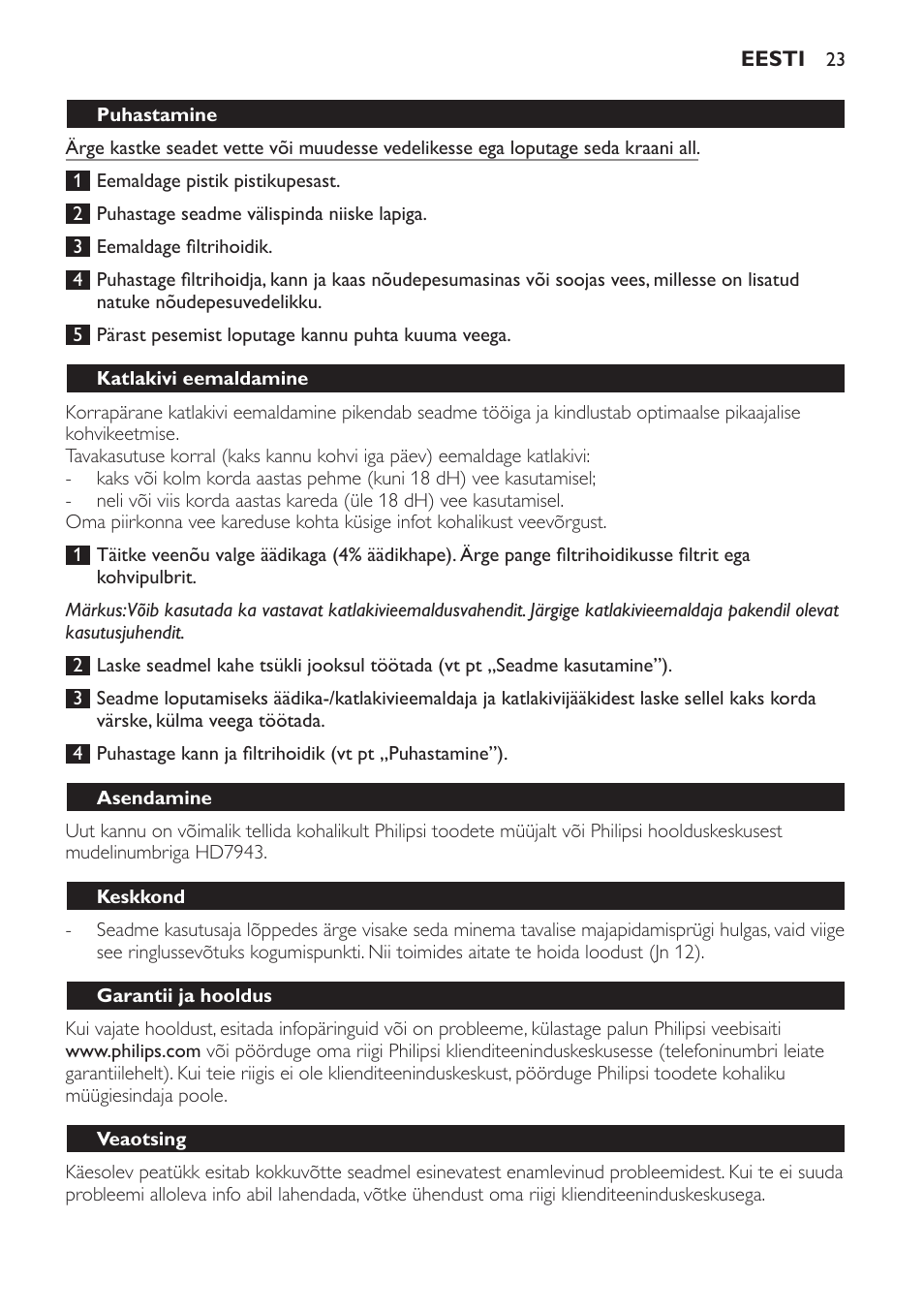 Puhastamine, Katlakivi eemaldamine, Asendamine | Keskkond, Garantii ja hooldus, Veaotsing | Philips HD7402 User Manual | Page 23 / 88