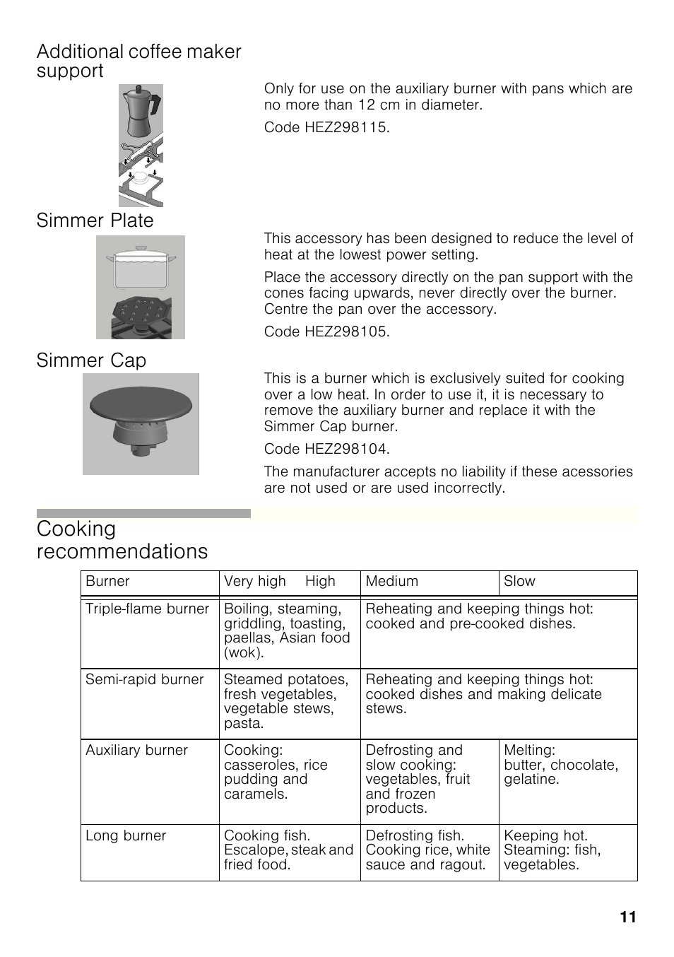 Additional coffee maker support, Simmer plate, Simmer cap | Cooking recommendations | Bosch PCX815B90E Placa de gas 75 cm de ancho Acero inoxidable EAN 4242002510750 User Manual | Page 10 / 74