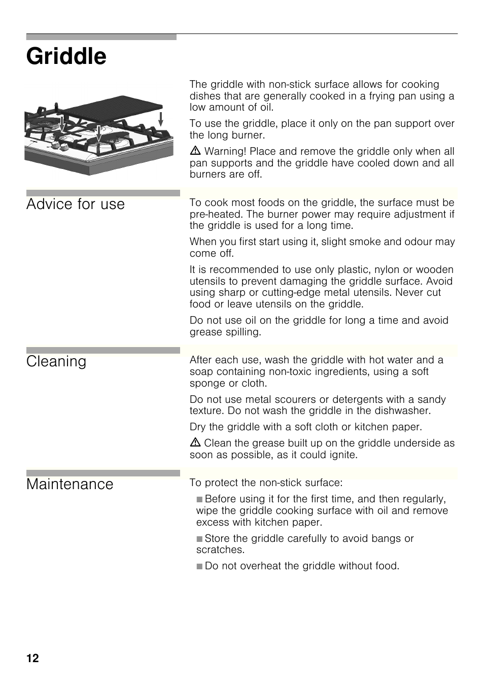 Griddle, Advice for use, Cleaning | Maintenance | Bosch PCX815B90E Placa de gas 75 cm de ancho Acero inoxidable EAN 4242002510750 User Manual | Page 11 / 74