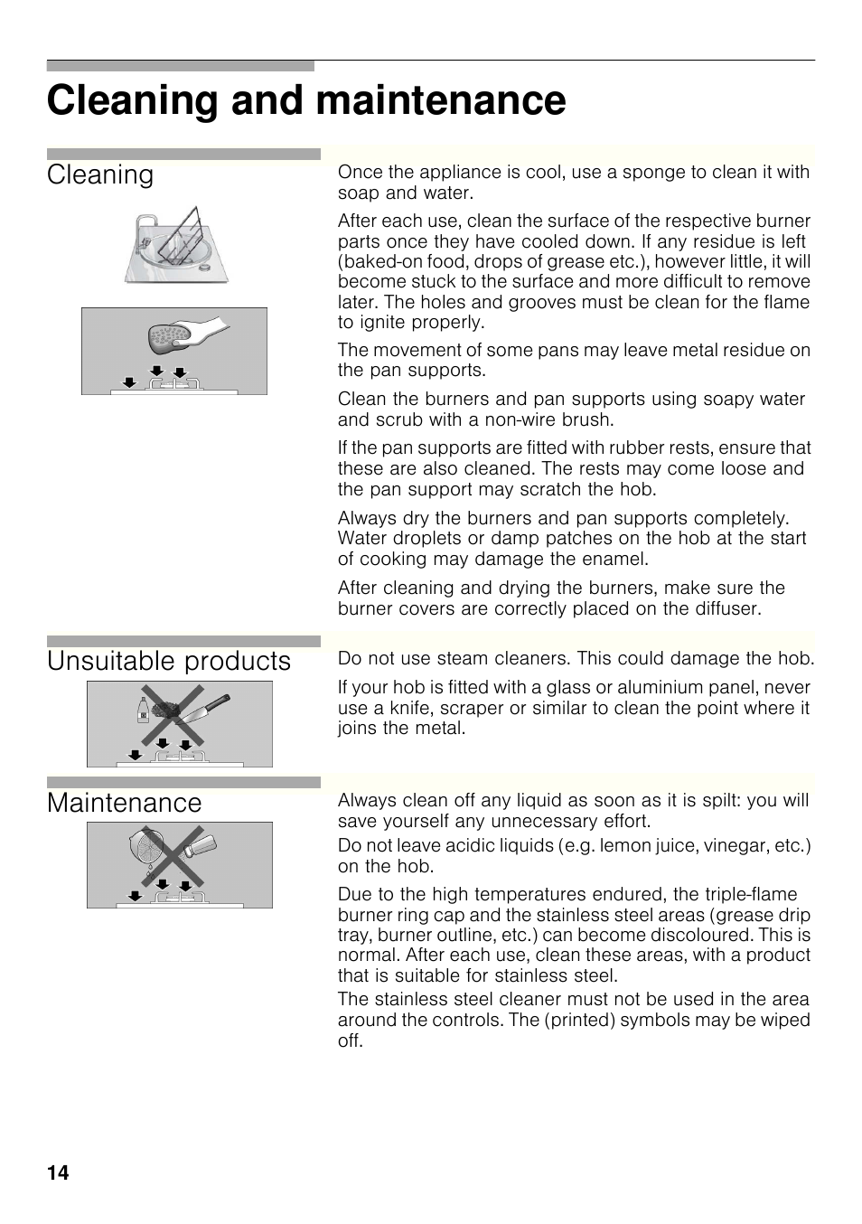 Cleaning and maintenance, Cleaning, Unsuitable products | Maintenance | Bosch PCX815B90E Placa de gas 75 cm de ancho Acero inoxidable EAN 4242002510750 User Manual | Page 13 / 74