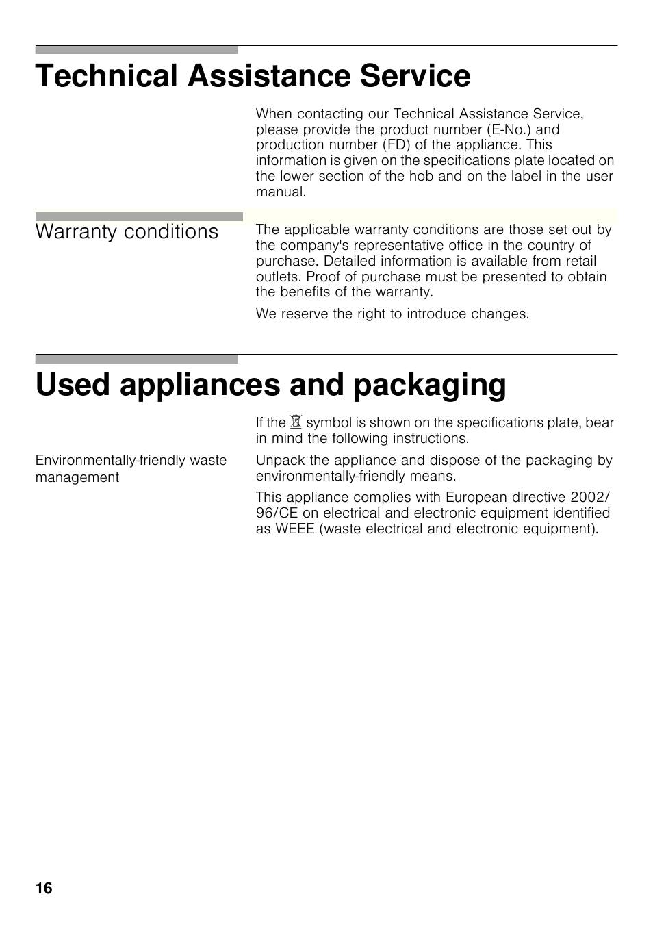 Environmentally-friendly waste management, Technical assistance service, Used appliances and packaging | Warranty conditions | Bosch PCX815B90E Placa de gas 75 cm de ancho Acero inoxidable EAN 4242002510750 User Manual | Page 15 / 74