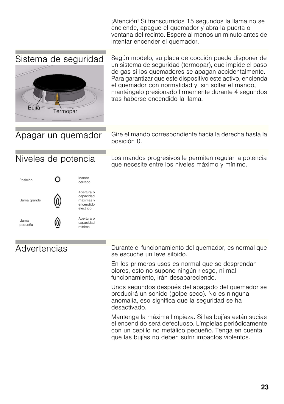 Sistema de seguridad, Apagar un quemador, Niveles de potencia | Advertencias | Bosch PCX815B90E Placa de gas 75 cm de ancho Acero inoxidable EAN 4242002510750 User Manual | Page 22 / 74