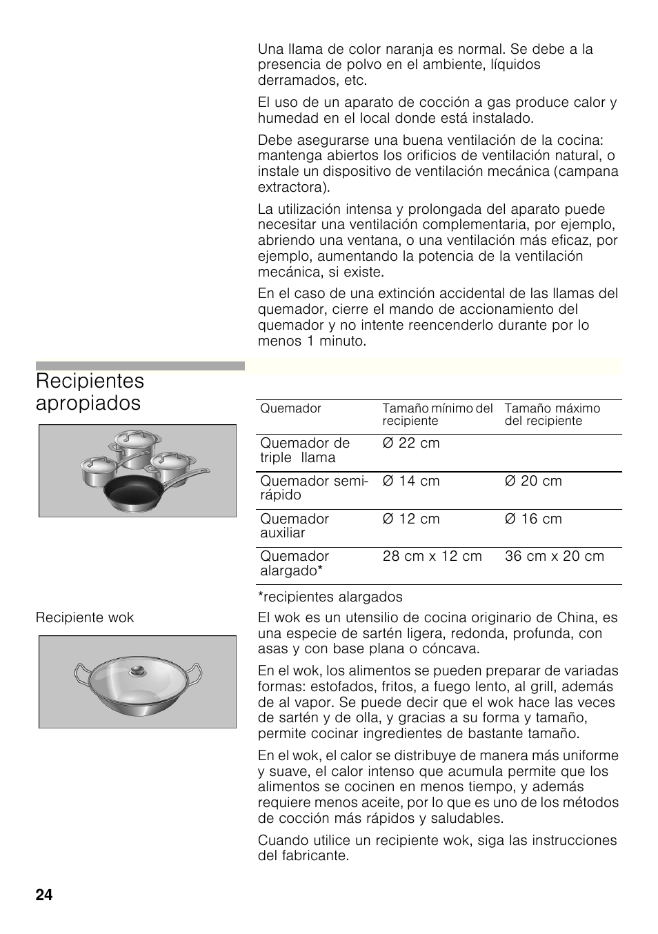 Recipiente wok, Recipientes apropiados | Bosch PCX815B90E Placa de gas 75 cm de ancho Acero inoxidable EAN 4242002510750 User Manual | Page 23 / 74