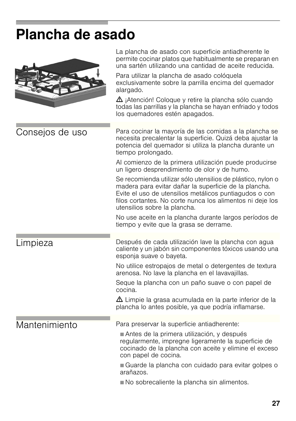 Plancha de asado, Consejos de uso, Limpieza | Mantenimiento | Bosch PCX815B90E Placa de gas 75 cm de ancho Acero inoxidable EAN 4242002510750 User Manual | Page 26 / 74