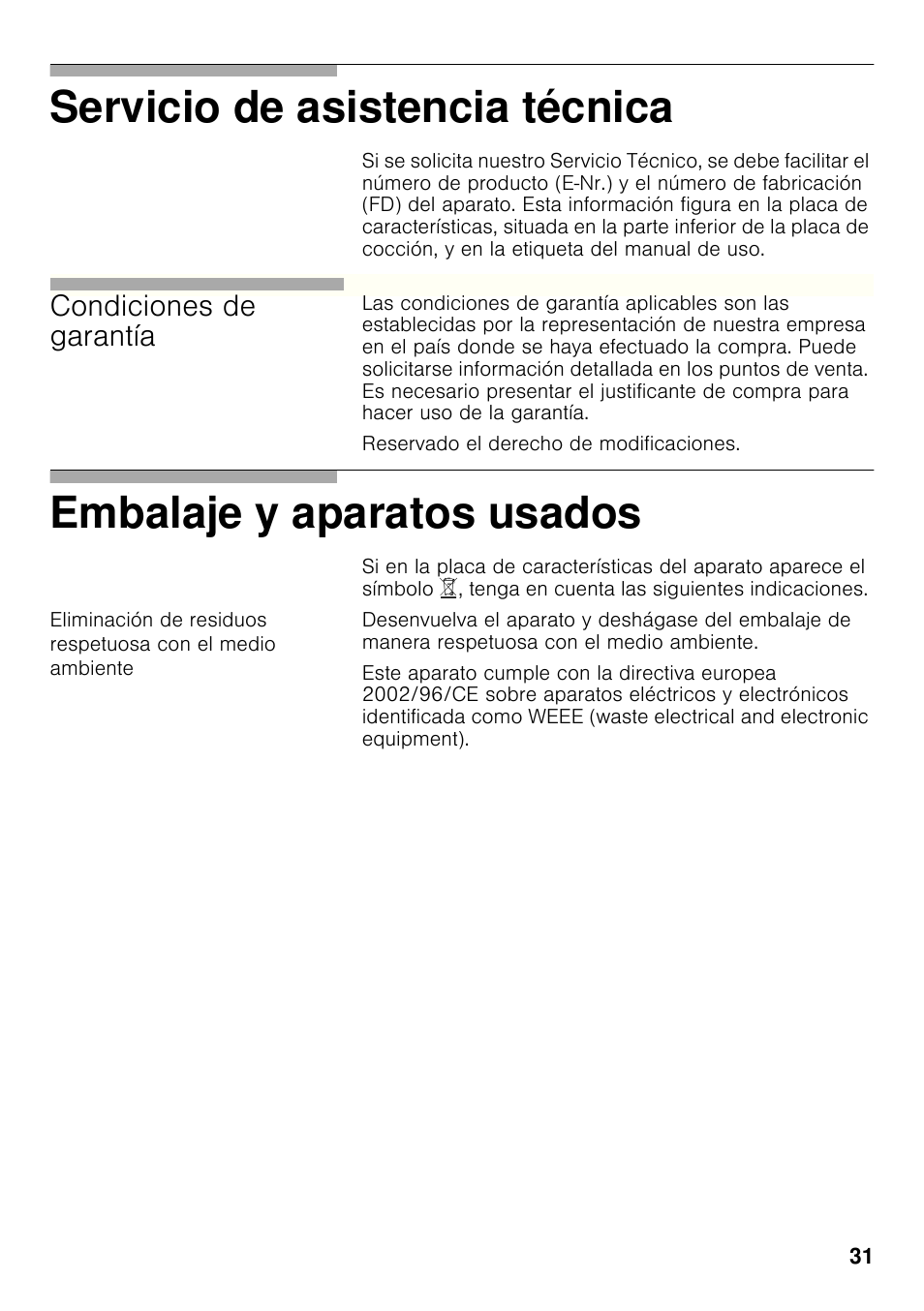 Servicio de asistencia técnica, Embalaje y aparatos usados, Condiciones de garantía | Bosch PCX815B90E Placa de gas 75 cm de ancho Acero inoxidable EAN 4242002510750 User Manual | Page 30 / 74