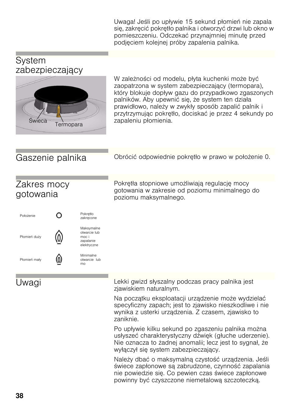 System zabezpieczaj ący, Gaszenie palnika, Zakres mocy gotowania | Uwagi | Bosch PCX815B90E Placa de gas 75 cm de ancho Acero inoxidable EAN 4242002510750 User Manual | Page 37 / 74