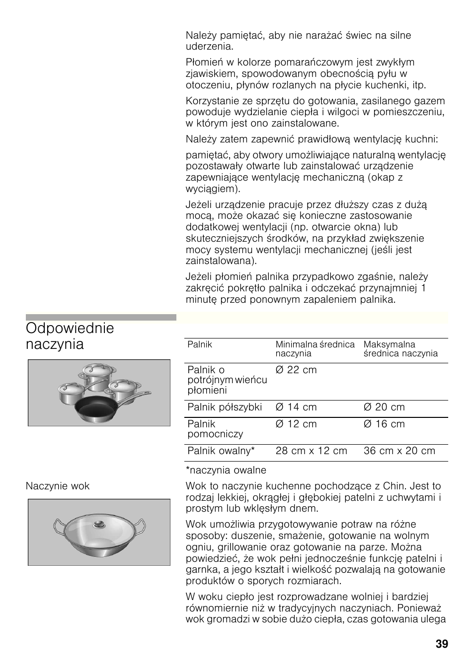 Naczynie wok, Odpowiednie naczynia | Bosch PCX815B90E Placa de gas 75 cm de ancho Acero inoxidable EAN 4242002510750 User Manual | Page 38 / 74