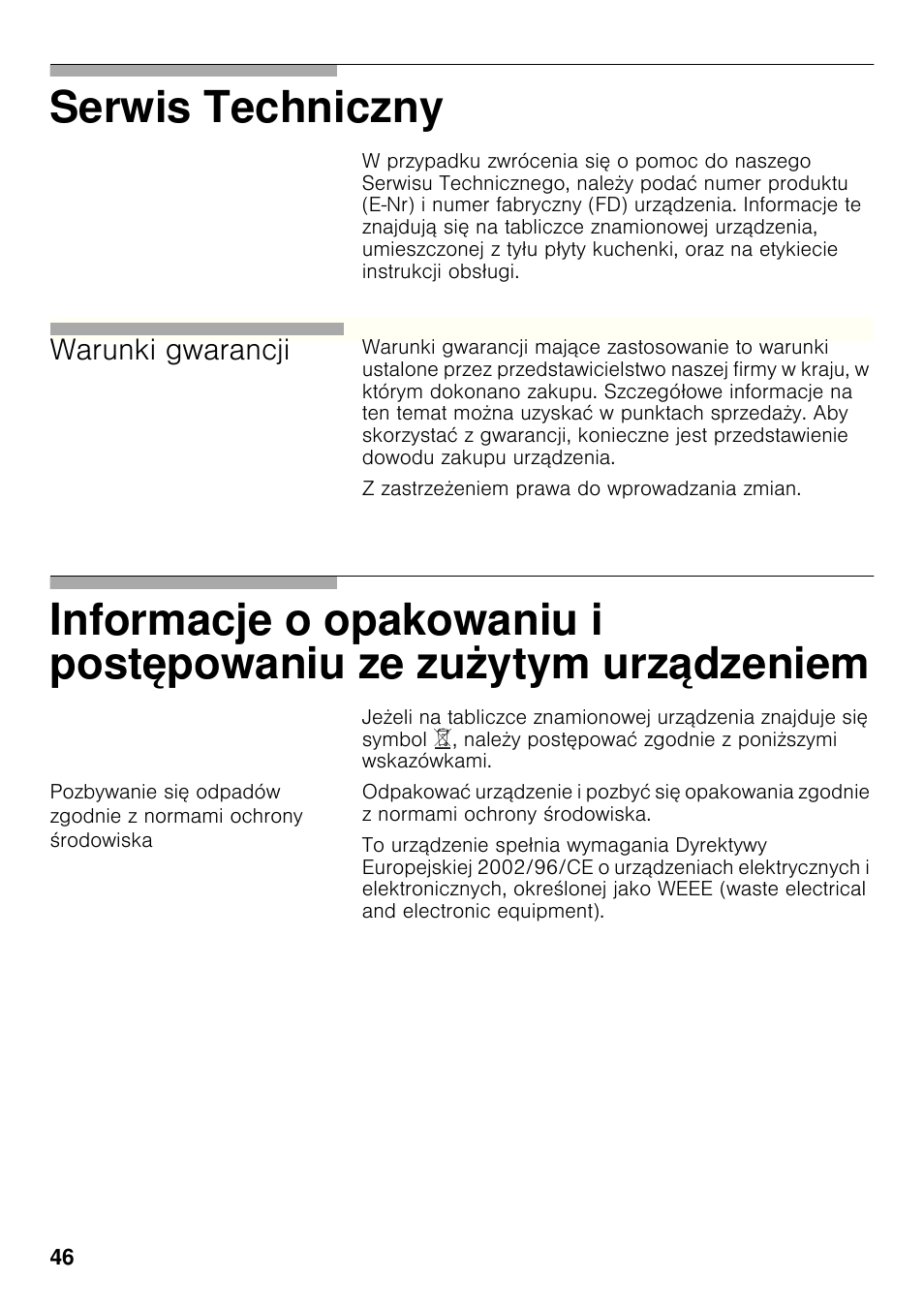 Serwis techniczny, Warunki gwarancji | Bosch PCX815B90E Placa de gas 75 cm de ancho Acero inoxidable EAN 4242002510750 User Manual | Page 45 / 74