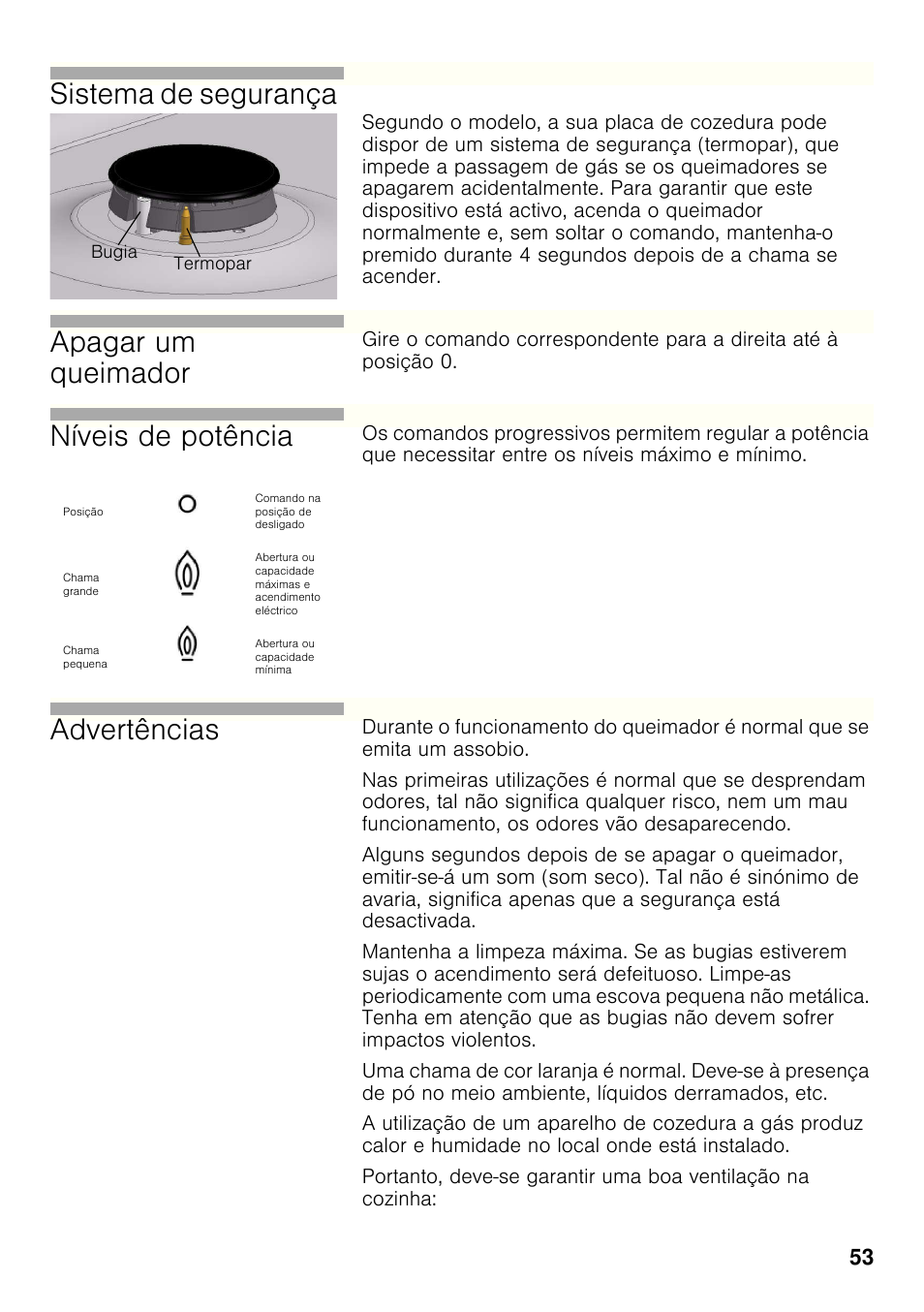 Sistema de segurança, Apagar um queimador, Níveis de potência | Advertências | Bosch PCX815B90E Placa de gas 75 cm de ancho Acero inoxidable EAN 4242002510750 User Manual | Page 52 / 74