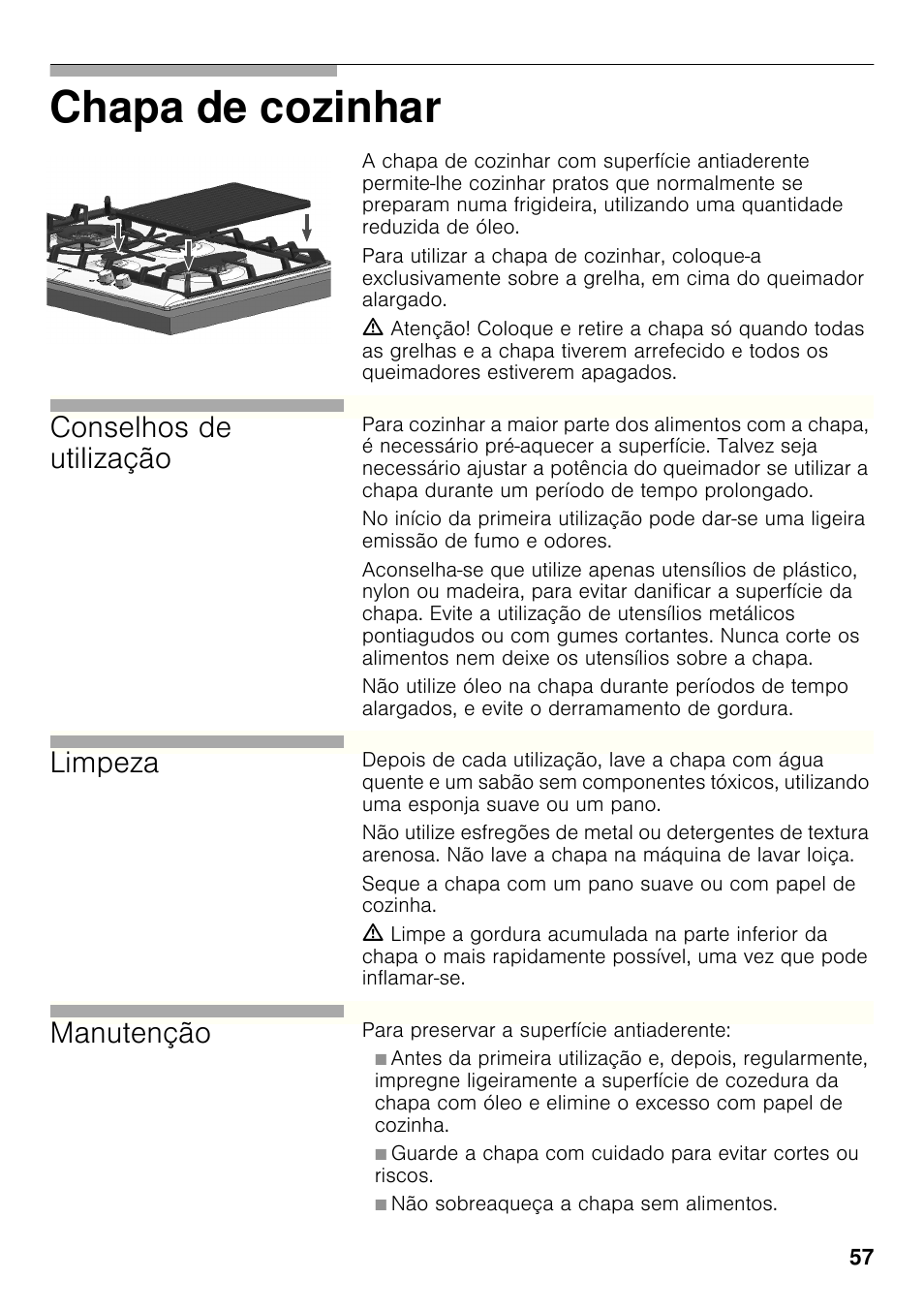 Chapa de cozinhar, Conselhos de utilização, Limpeza | Manutenção | Bosch PCX815B90E Placa de gas 75 cm de ancho Acero inoxidable EAN 4242002510750 User Manual | Page 56 / 74