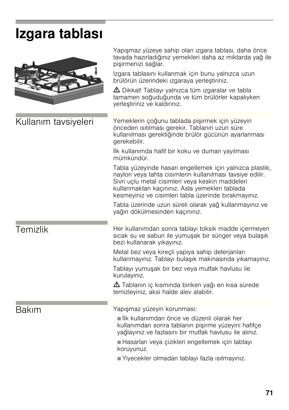 Izgara tablası, Kullanım tavsiyeleri, Temizlik | Bakım | Bosch PCX815B90E Placa de gas 75 cm de ancho Acero inoxidable EAN 4242002510750 User Manual | Page 70 / 74