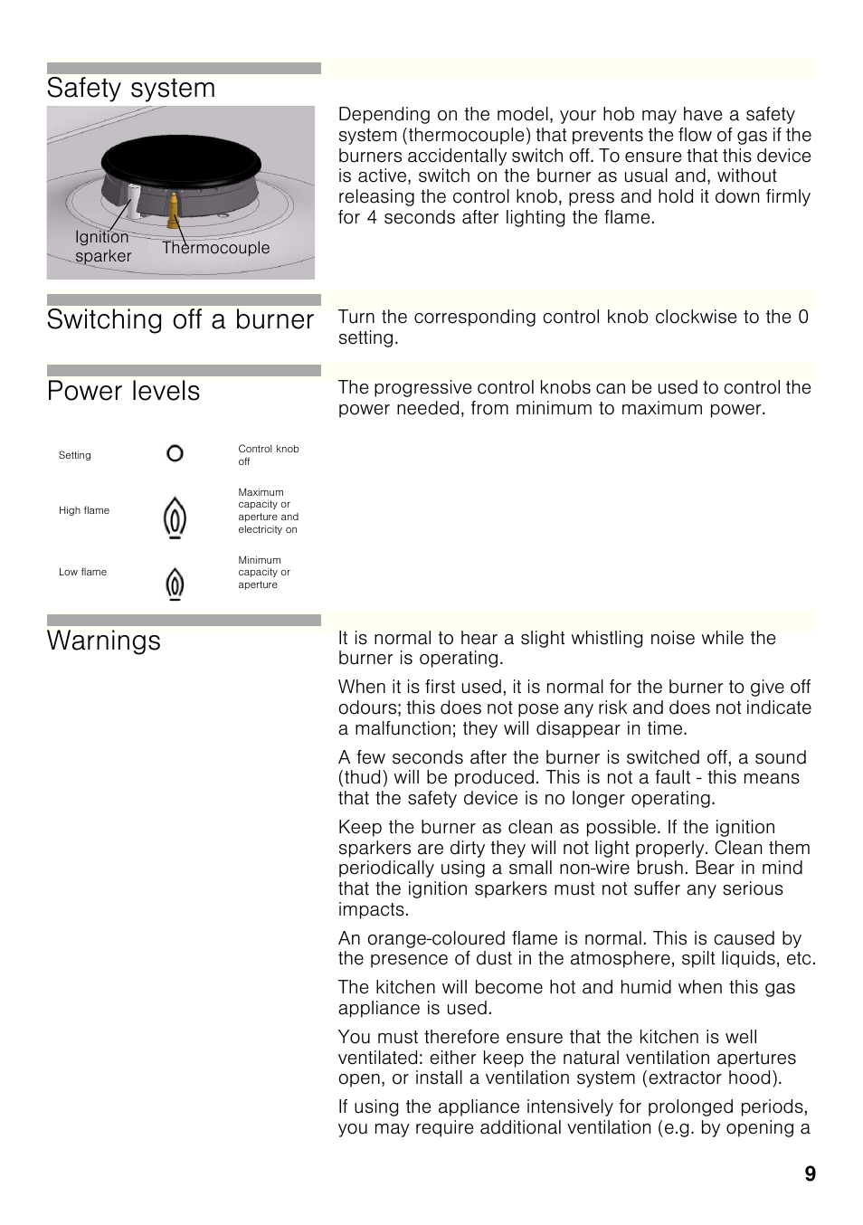 Safety system, Switching off a burner, Power levels | Warnings | Bosch PCX815B90E Placa de gas 75 cm de ancho Acero inoxidable EAN 4242002510750 User Manual | Page 8 / 74