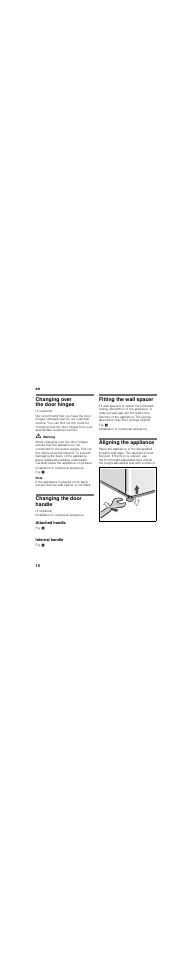 Changing over the door hinges, Changing the door handle, Attached handle | Internal handle, Fitting the wall spacer, Aligning the appliance | Bosch KDE33AI40 User Manual | Page 10 / 51