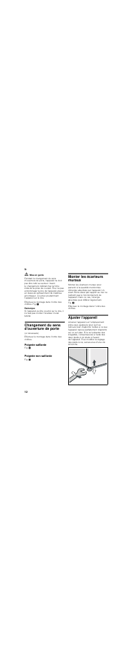 Changement du sens d’ouverture de porte, Poignée saillante, Poignée non saillante | Monter les écarteurs muraux, Ajuster l’appareil | Bosch KDE33AI40 User Manual | Page 12 / 51