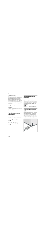 Verwisselen van de deurgreep, Uitwendige handgreep, Inwendige handgreep | Wandafstandhouder monteren, Apparaat horizontaal zetten | Bosch KDE33AI40 User Manual | Page 16 / 51