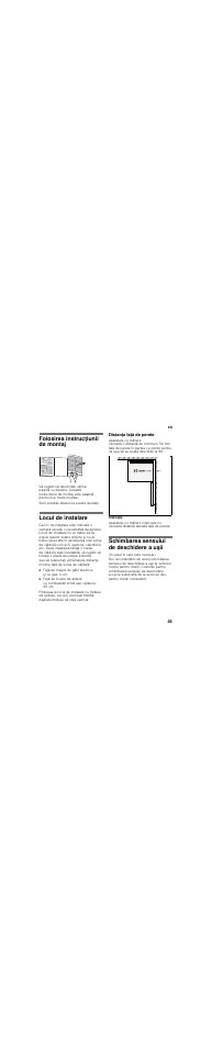 Folosirea instrucţiunii de montaj, Locul de instalare, Distanţa faţă de perete | Schimbarea sensului de deschidere a uşii | Bosch KDE33AI40 User Manual | Page 45 / 51