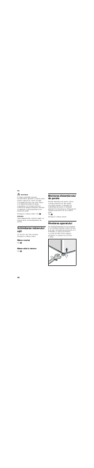 Schimbarea mânerului uşii, Mâner montat, Mâner aflat în interior | Montarea distanţierului de perete, Nivelarea aparatului | Bosch KDE33AI40 User Manual | Page 46 / 51